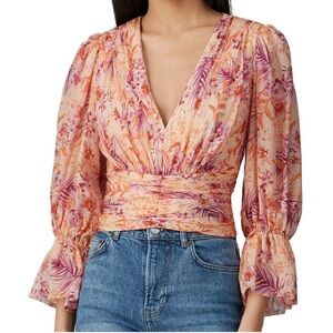AMUR GITANA Floral V-Neck Blouse - Pink and Orange